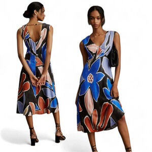 By Anthropologie Painterly Floral Abstract Midi Dress Women’s 10 Blue Babydoll